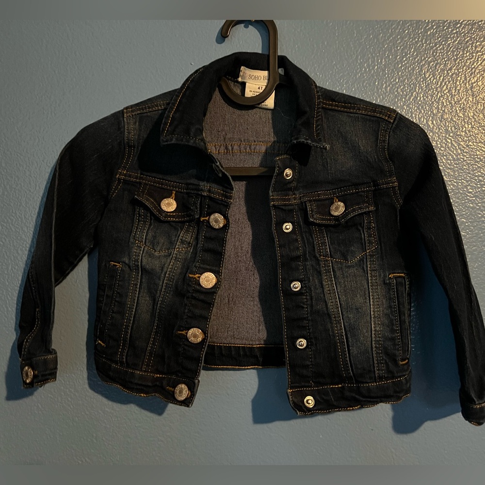 Lot of 2 Girls Jackets/Denim Jean Jacket and Hooded Black Puffer